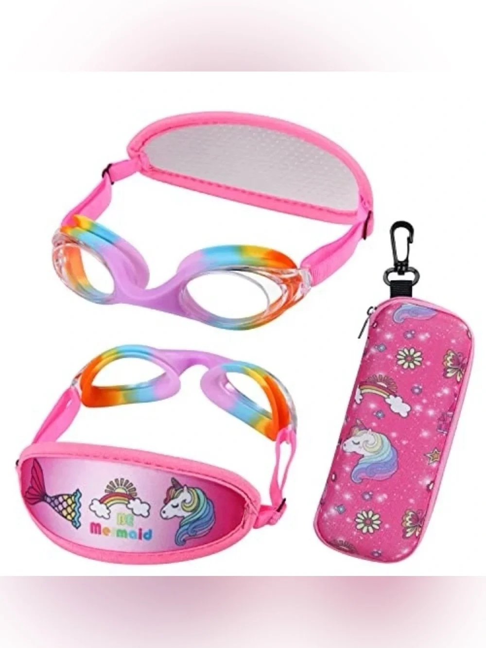 Kids Swim Goggles Age 3-8 Jr Rainbow Unicorn Case No Hair Pull Anti-Fog UV New